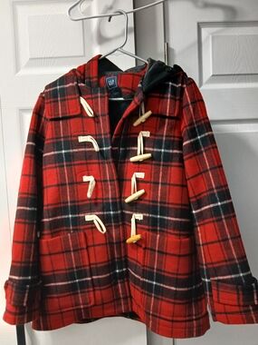 GAP Red and Black Plaid Hooded Coat